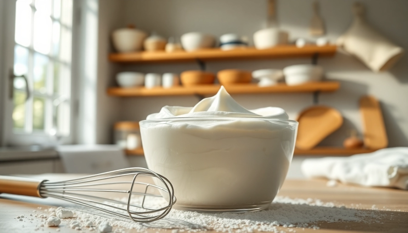 Maak mousseline crème in een gezellige keukenomgeving, met een romige textuur en een warme sfeer.