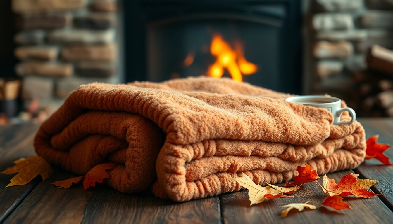 Fleece deken op een houten tafel met herfstbladeren en warme cacao.