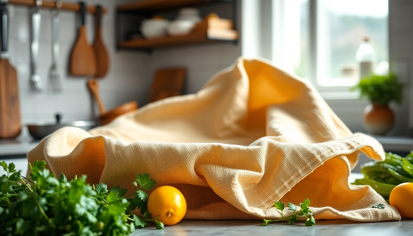 Kaasdoek gebruik in de keuken met verse ingrediënten en natuurlijke verlichting.