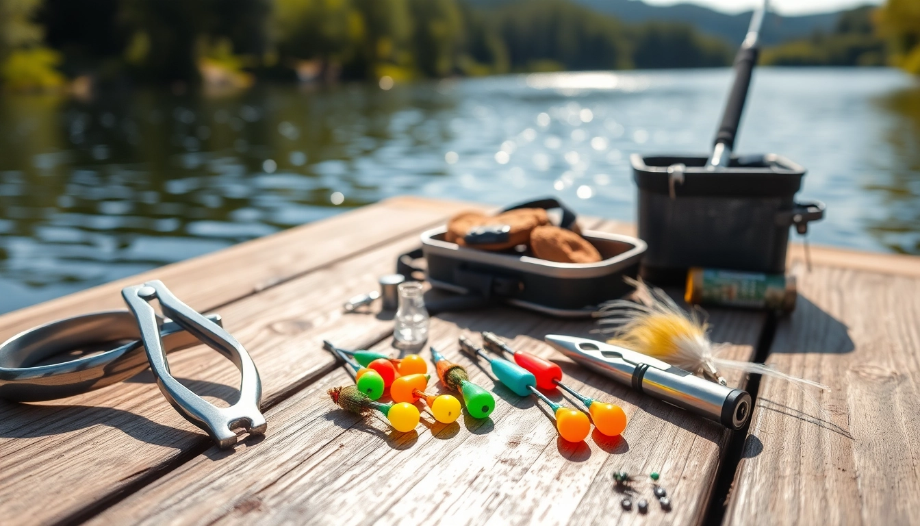 Utilizing essential Fly fishing accessories displayed on a tranquil lake dock for an enjoyable fishing experience.
